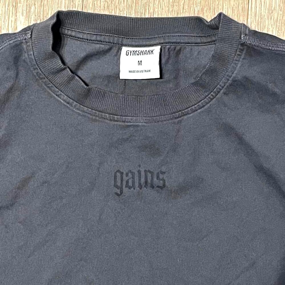 Gymshark "Gains" Men's T-Shirt Size M Charcoal Grey Washed Black Gym Wear